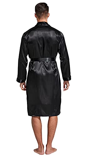 Image of TONY AND CANDICE Men's Satin Robe Lightweight Long Sleeve Silk Kimono Bathrobe with Shorts Set Sleepwear