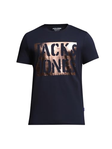 Image of Jack & Jones Men's Typography Printed Round Neck Short Sleeves Cotton Slim Fit Letter Print T-Shirt