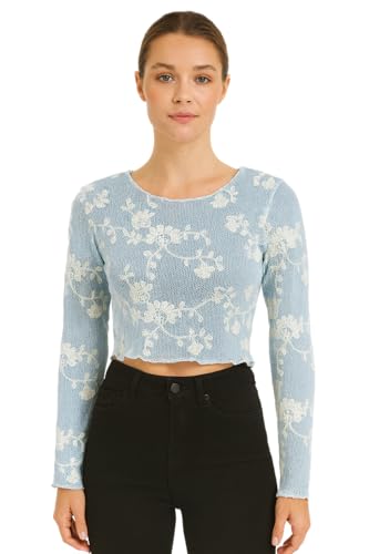 Image of ICW Women Long-Sleeves Boat Neck Transparent Mesh Sheer Floral Embroidery Crop Top T-Shirt DN648