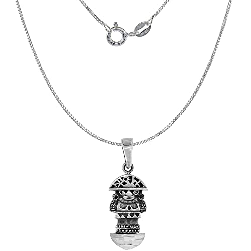Small 3/4 inch Sterling Silver Aztec Totem Necklace for Women Diamond-Cut Oxidized finish available with or without chain3
