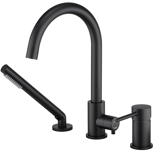 Rigobal T03 Deck Mount Tub Faucet Black With Sprayer High Flow Bathtub Faucets Brass Tub Filler Bathroom Faucets With Handeld Shower Mounted Roman cover