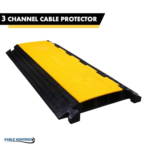 Image of Kable Kontrol Atlas Cable Protector Wire Ramp - 3 Channel - 1 Pc - 35 inch Long Black & Yellow - 24000 Lbs Load Capacity - Rubber Speed Bump Wire Protector Cord Cover - CP9973