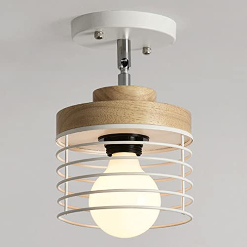 Lustre plafonnier d'entrée E27 en métal blanc et bois pour plafond bas