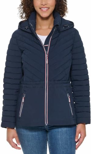 Tommy Hilfiger Women's Puffer Lightweight Hooded Stretch Jacket with Drawstring