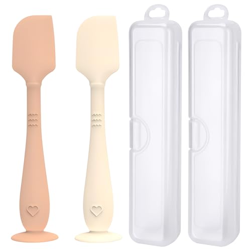 Image of 2 Pack Diaper Cream Spatula with Hygienic Travel Case, Butt Spatula Baby with Suction Base, Baby Butt Paste Spatula, Soft Silicone Diaper Rash Cream Applicator Large Size (Brown & Offwhite)