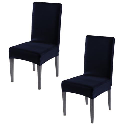 Image of HOKIPO 'SereneSolids' 140 GSM Stretchable Dining Chair Cover - Set of 2, Navy Blue (AR-6246-NBL)