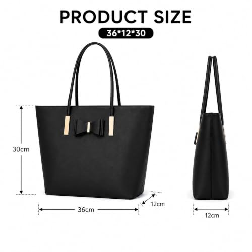 Women's XL Black PU Leather Tote Bag with Compartments, Kukubird 6 Women's XL Black PU Leather Tote Bag with Compartments, Kukubird - Image 6