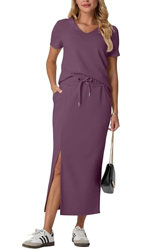 Image of GRECERELLE Women Summer Casual 2 Piece Sets V-Neck Wrinkle-Free Top & Elastic Waist Midi Side Slit Skirt with Pockets