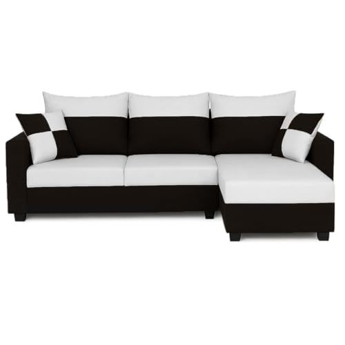 Image of FURNY Arissa 4 Seater Fabric RHS L Shape Sofa Set with Extra Cushions (Light Grey-Black) Premium Velvet Finish| Durable Comfort Ideal for Living Room