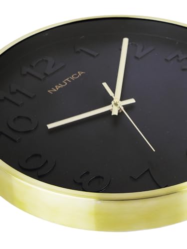 Image of Nautica Premium Metal Modern Wall Clock with Quartz Silent Sweep Technology -1pc Size (Real) | 12 inch | Ideal for Home, Living Room, Bedroom & Office - 3D dial-Black /Gold