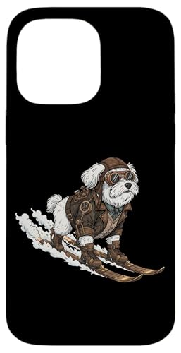 雪山 滑走 白い犬 ヴィンテージ飛行士 ゴーグル ブーツ スキー 冒険 レトロ スタイル スマホケース iPhone 14 Pro Max 用