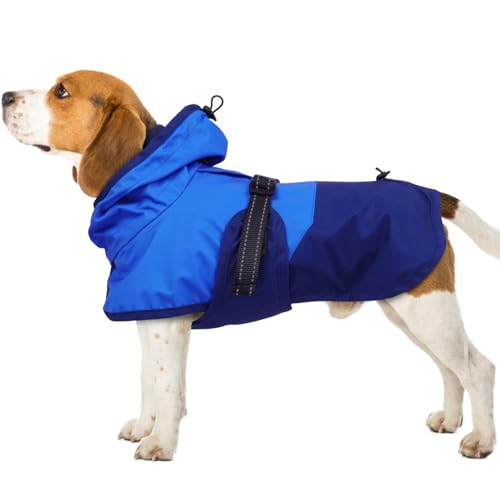 Image of BRKURLEG Dog Raincoat, Waterproof Rain Jacket with Hood, Blue, XL | Adjustable Windproof Rainproof Jacket with Leash Hole, Reflective Breathable Rain Coat Poncho, for Small to Large Dogs