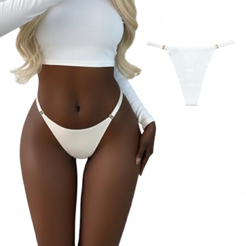 Image of Seamless White Thong for Women with Adjustable Straps - Invisible Fit Under Tight Clothing, Comfortable Brazilian Underwear Set for Everyday Wear, Anti-Camel Toe, Low Rise Design, Sizes S, M, L
