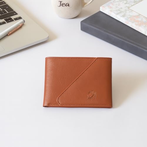 Image of VEMILIO Men's Vegan Leather Wallet for Men | Edge Cut Slim Bi-Fold Gents Purse | Stylish Wallet with Coin Pocket | 3 Card Slots | ID Window & 2 Currency Compartments (Tan)