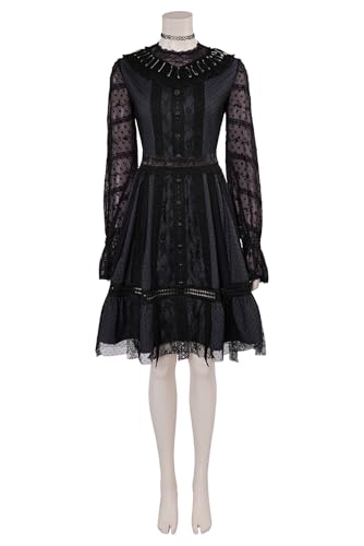 Vasojot Lydia Deetz Cosplay Costume Lydia Deetz Black Dress Adult Women Halloween Carnival Lace Dress Outfits,Small