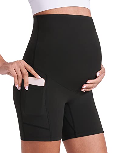 Image of Enerful Women's Maternity Yoga Shorts Over The Belly Comfy Workout Running Active Biker Pregnancy Pants with Pockets 5 inch
