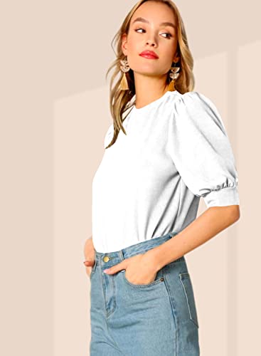 Image of Dream Beauty Fashion Women's Puff Sleeve Round High Neck Top Balloon Bishop Sleeve Elegant Casual Tee (23 inch Inches)- (Top Sofia P)