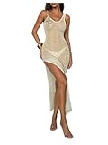 Milumia Women's Sexy Glitter Crochet Cover Up Dress Split Thigh Sheer Long Beach Dresses Beige Small