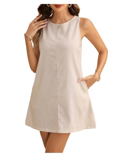 Women's Summer Sleeveless Mini Dress Casual Crew Neck Vacation Dresses with Pockets