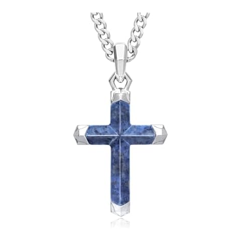 AWNL® Dumortierite Cross Pendant Necklace for Men Natural Gemstone Premium Men’s Sterling Silver Pendant Necklace with Stainless Steel Chain Gift for Men 24 Inch Cover