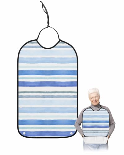 LEOKOTI Blue Striped Adult Bibs for Eating, Waterproof Bibs with Food Catcher & Adjustable Snap Closure, Watercolor Blue Ombre Stripes Washable Clothing Protectors Adult Bibs for Elderly Women/Men