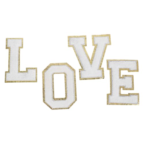 Beavorty Chenille Iron on Patches Love Letter Alphabet Sew on Appliques with Glitter Gold Edge, Polyester Material, Unique Fashion Design, for Clothing, Hats, and Team Building Activities