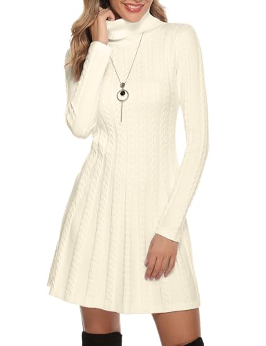 Gyabnw Damen Strickkleid Rollkragen Winterkleid Elegante A-Linie Knielanges Kleid Pulloverkleid Zopfmuster Minikleid Strickpullover für Party...