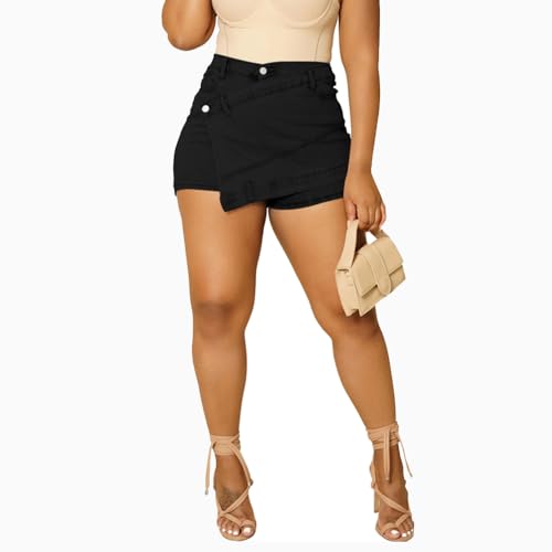 HTD Women's Denim Shorts Skorts Asymmetrical Jean Skirt Skort with Pockets Black M