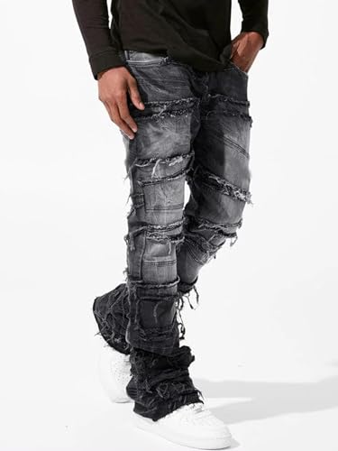Mens Stacked Jeans Stretchy Distressed Patchwork Slim Fit Straight Leg Denim Pants Hip Hop Trousers Streetwear2