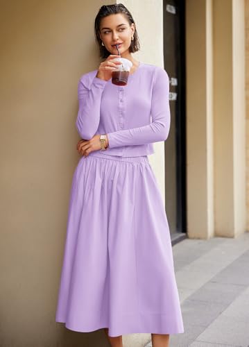 Image of Panadila Womens 2 Piece Lounge Sets Matching Vacation Outfits Ribbed Button Down Cardigan and Elastic Waist Skirt Sets (Lavender Purple,M)