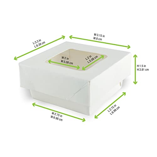 Image of PacknWood 210 KRAY W155 - White Box with Window - White Square Paper 2-Piece Box with Window Lid - Boxes with Clear Window (7 oz Capacity) - (2.8 inch x 2.8 inch x 1.8) (250 per case)
