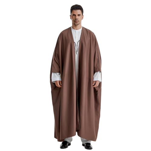 Muslim Men's Pure Color Long Sleeves Bisht Cardigan Robe Ramadan Eid Thobe (Coffee, Large)2