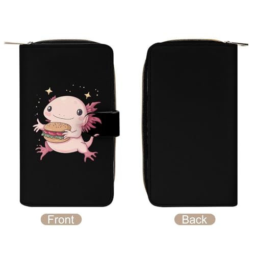 Cute Axolotl Eat Hamburger Fashion Women's Wallet RFID Blocking Bifold Clutch Purse Compact Card Holder 19.7x11x3.5cm3