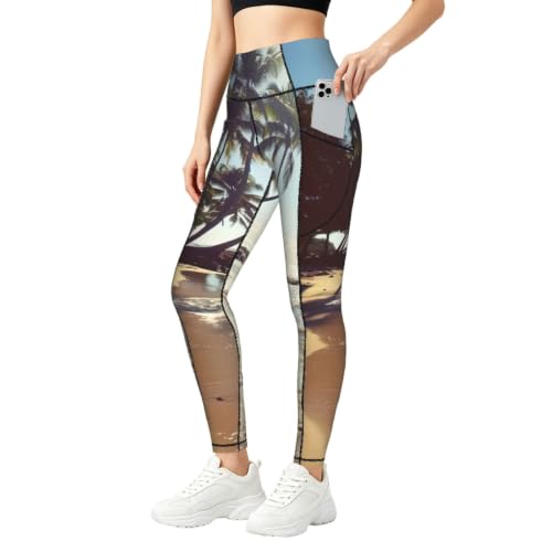 Leggings hawaianos con estampado de playa para mujer y conjunto deportivo casual