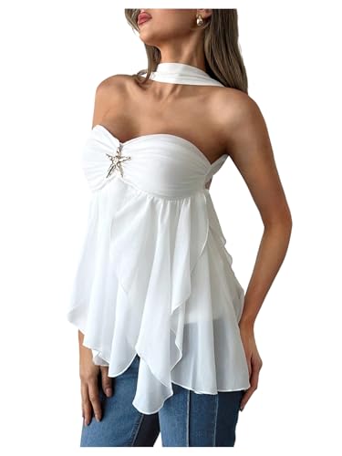 MakeMeChic Women's Y2K Halter Metal Starfish Ruffle Tank Tops Asymmetrical Tie Open Back Tops