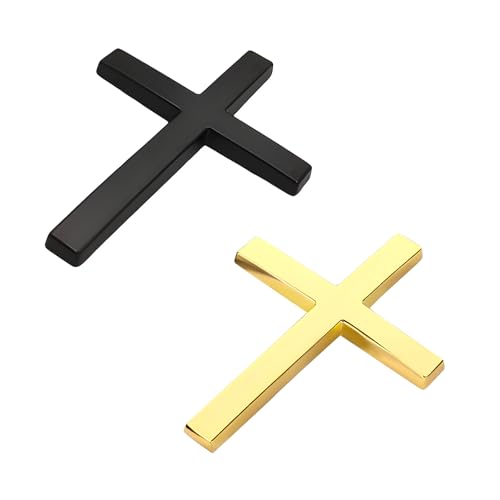 Image of 2 PCS Metal Christian Cross Emblem Stickers, 2.5 inchx1.8 inch Alloy 3D Car Cross Sticker Badge, Self-Adhesive Emblem Decal Decoration for Auto Trunk Tailgate Fenders, Car Exterior Decal (Black+Golden)