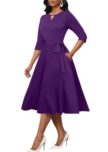 Image of CLOCOR Midi Dresses for Women Casual A-Line Fit and Flare Dress Crewneck 3 /4 Sleeve Keyhole Cocktail Party Church Dress