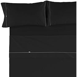 Sabanas Estela Es-Tela - Juego de sábanas liso con biés, color negro, cama de 150 cm (2 almohadas), algodón-poliéster, 4 piezas