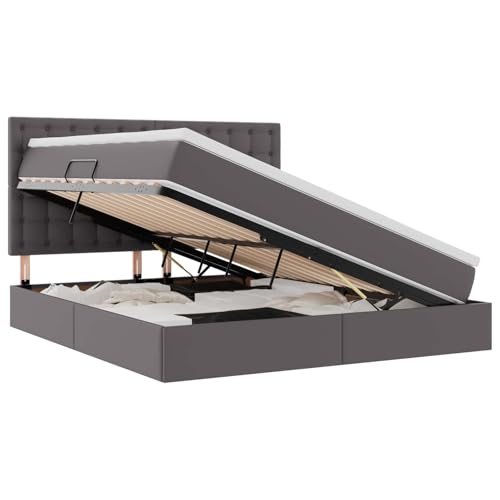 Foknhdi Lit rembourré 160 x 200 cm avec matelas et surmatelas, lit de rangement avec mécanisme de levage hydraulique, lit double en cuir synthétique avec...