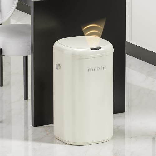 MRBIN Adsorption Metal Kitchen Motion Sensor Trash Can Removable, 30L / 7.9gal Automatic Absorbing Bag Lidded Garbage Bin with Wheels, Commercial Waste Basket for Office and Bedroom, Bathroom, White