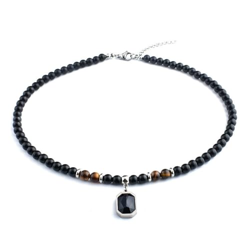 Collier lettre A-Z pour homme avec pendentif initial et perles noires en œil de tigre