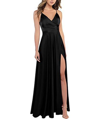xxxiticat Damen V-Ausschnitt Spaghettiträger Lange Ballkleider Satin A-Linie Brautjungfernkleider formeller Satin Abschlussball Abendkleider mit Schlitz(BL,XL) xxxiticat Damen V-Ausschnitt Spaghettiträger Lange Ballkleider Satin A-Linie Brautjungfernkleider formeller Satin Abschlussball Abendkleider mit Schlitz(BL,XL)