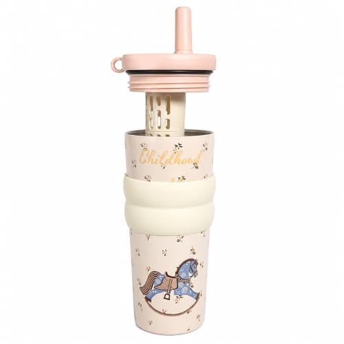 Image of Vasukie Stainless Steel Travel Tumbler with Straw and Lid, Vintage Rocking Horse Thermal Coffee Cup, Leakproof Water Bottle for School, Office, Car, Cottagecore Gift for Girls & Women (700ML)