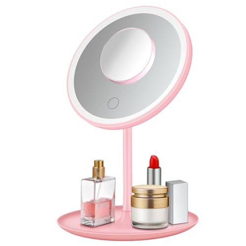 POHOVE Espejo cosmético con iluminación, 1 espejo iluminado, giratorio 90°+USB recargable, espejo de maquillaje LED, 3 colores de luz, regulable, espejo de mesa macaron para maquillaje y afeitado,