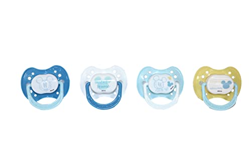 Disney Mickey Mouse (Next Adventure Print) Pacifiers, 4 Pack, 0-6 Months Baby Girls and Boys, Various Colors, BPA Free Silicone Dishwasher Safe Binkies