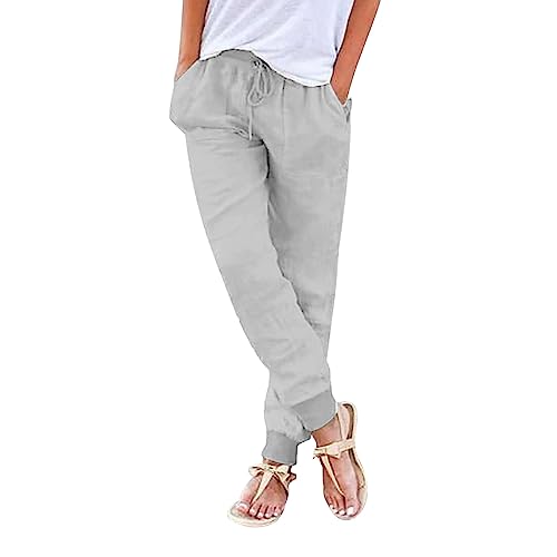Womens Casual Linen Pants High Waist Drawstring Summer Loose Fit Pants Straight Leg Trousers with Pockets2