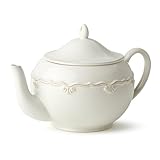 Heritage 48oz Stoneware Teapot with Lid – Elegant 10.75' x 7' x 7.25' Ivory Teapot Featuring Embossed Scrollwork & Vintage-Inspired Detailing – Farmhouse Serveware