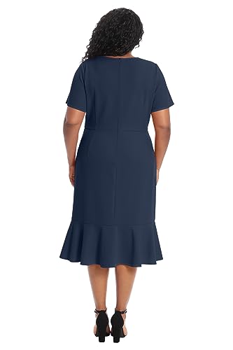 Image of London Times Women's V-Neck Dress - Flounce Hem, Twist Waist, Elegant Office & Event Wear