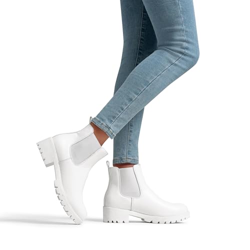 Image of Vepose Women's Chelsea Ankle Boots Pull-On Low Heel Booties 9607 | Flat short boots with elastic side, round toe for casual daily
