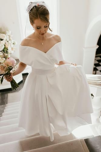 Image of Women's Off Shoulder Wedding Dress for Bride Tea Length A Line Satin Formal Prom Dresses with Pockets